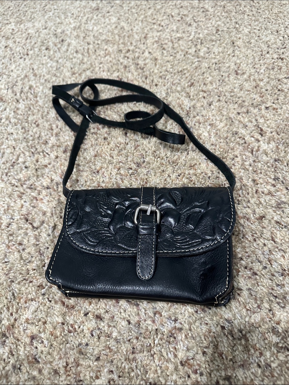 Patricia Nash Black Floral Embossed Leather Crossbody